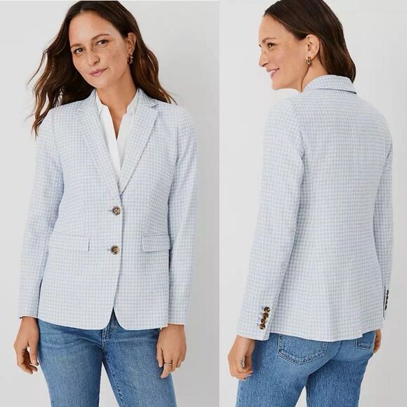 Ann Taylor The Greenwich Blazer in Houndstooth Blue white Size 14 Classic preppy - Picture 1 of 11